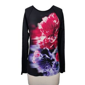 Nanette Lepore Activewear Top Size Small Mesh Arm Strip Thumb Holes Stretch